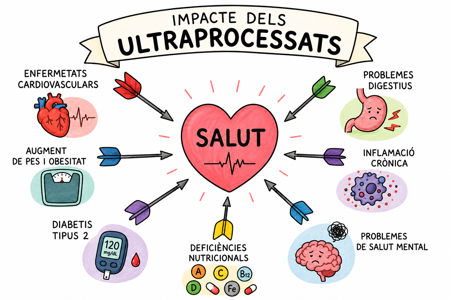 impacte_ultraprocessats_en_la_salut S' observa un cor amb la paraula salut en mig i diferents fletxes que impacten amb diferents problemes de salut.