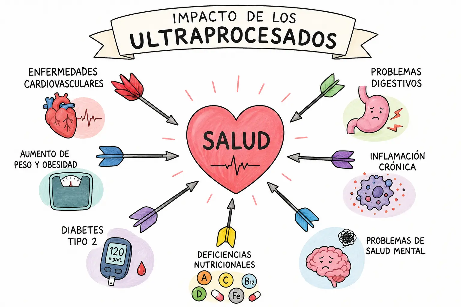 impacto_ultraprocesados_en_la_salud Se observa un corazón con la palabra salud en medio y diferentes flechas que impactan con diferentes .problemas de salud